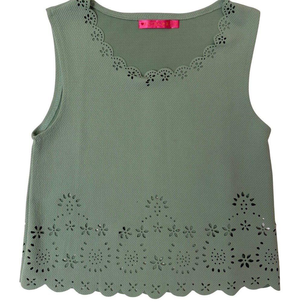 2XTREMZ Womens Sage Green Laser Cut Eyelet Scalloped Sleeveless Crop Top Small